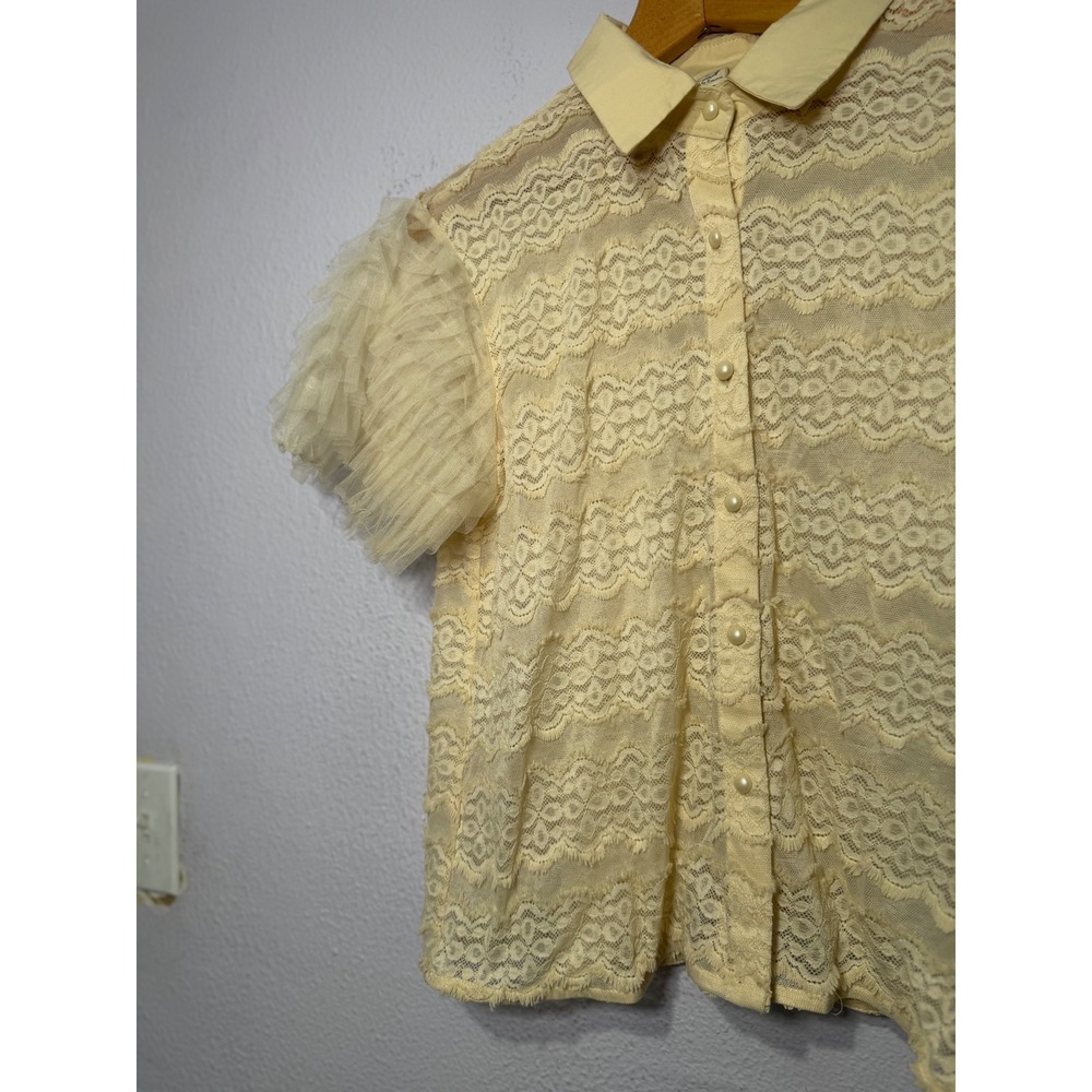 Grace & Emma Lace Top Women Medium Cream Yellow Tulle Ruffle Sleeve Coquette - Picture 2 of 8